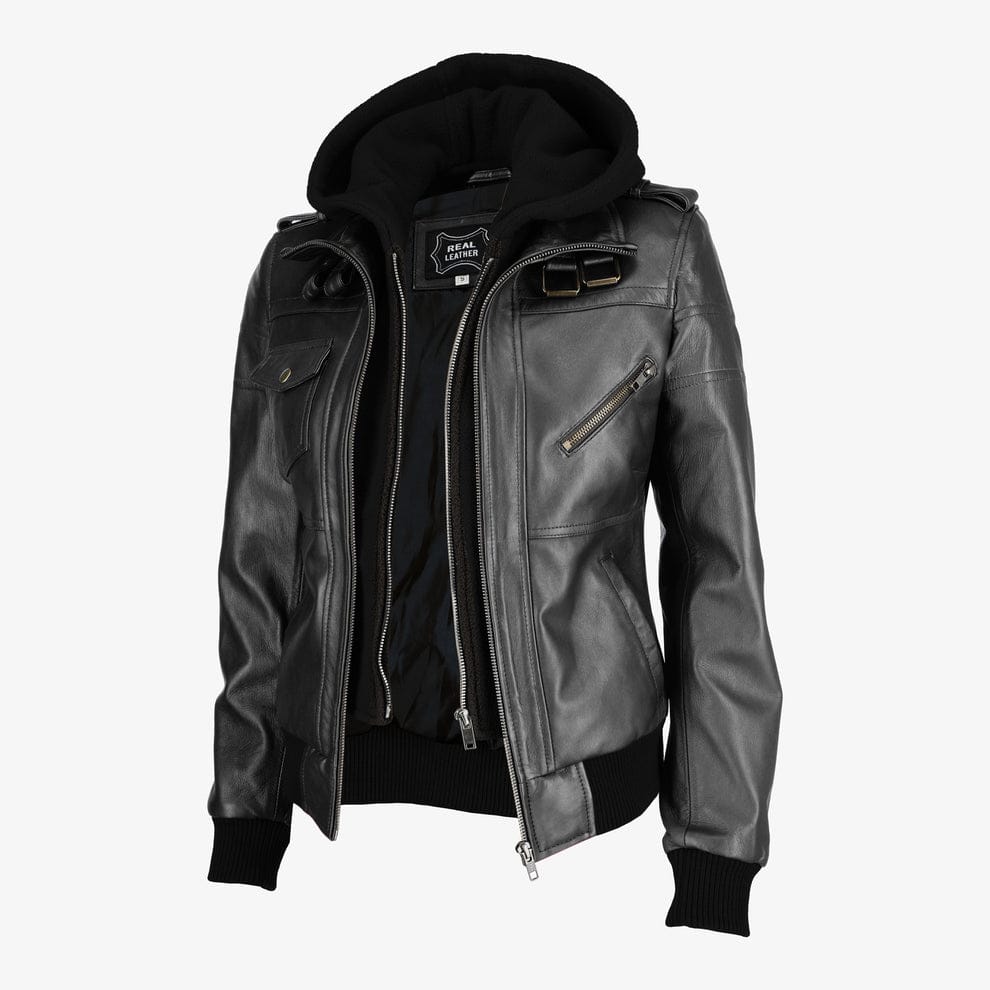 Women Removable Hood Leather Jacket