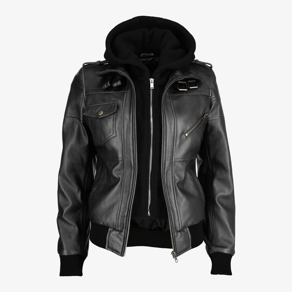 Women Removable Hood Leather Jacket