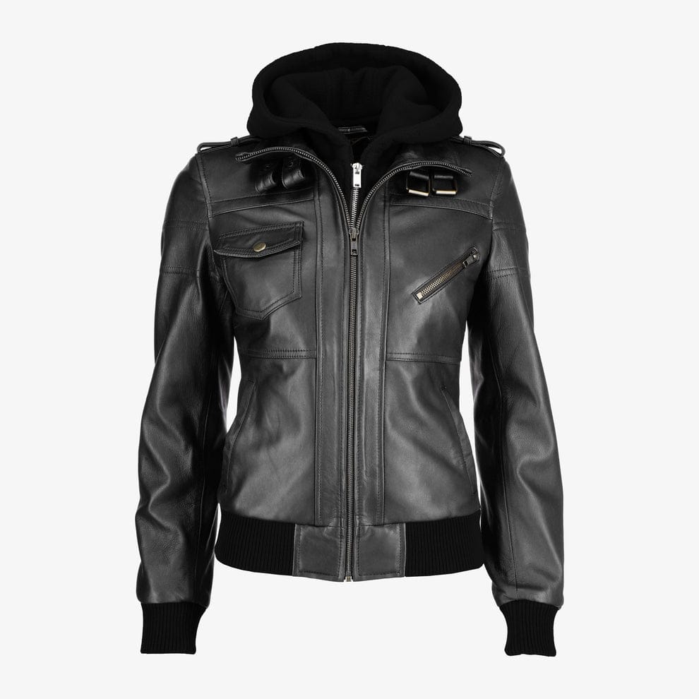 Women Removable Hood Leather Jacket