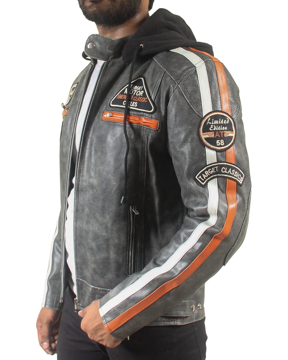 Mens Retro Padded Hooded Leather Motorcycle Jacket