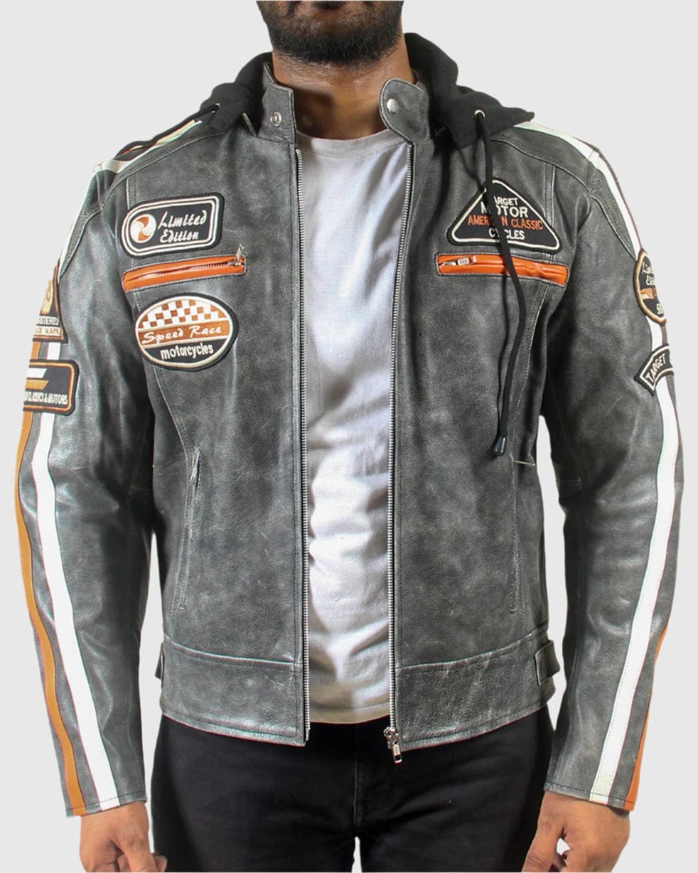 Mens Retro Padded Hooded Leather Motorcycle Jacket
