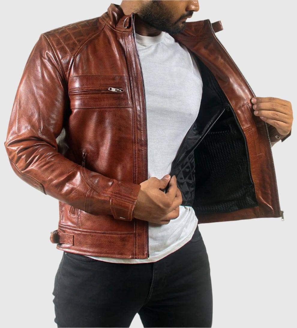 Mens Classic Padded Motorcycle Leather Jacket