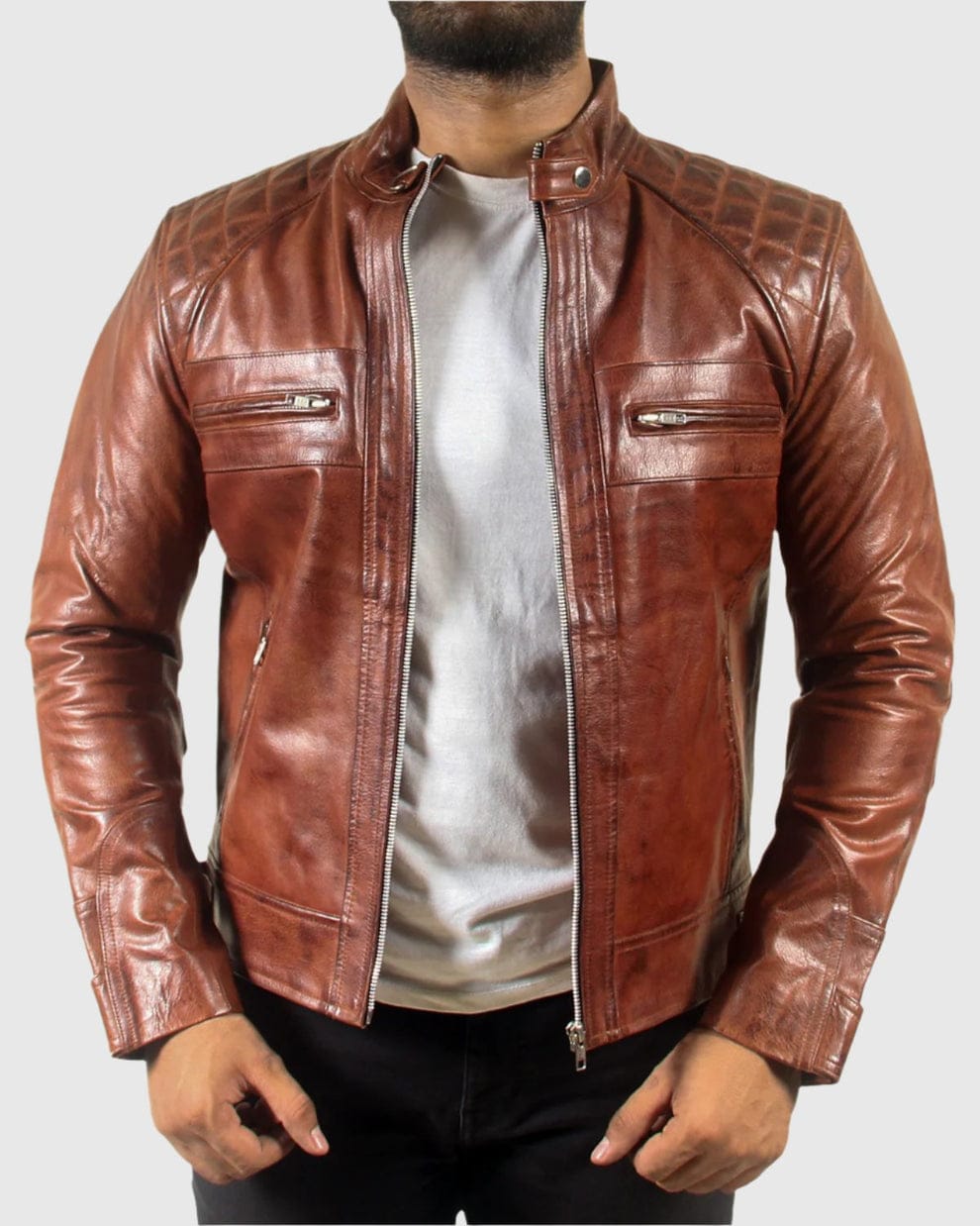 Mens Classic Padded Motorcycle Leather Jacket