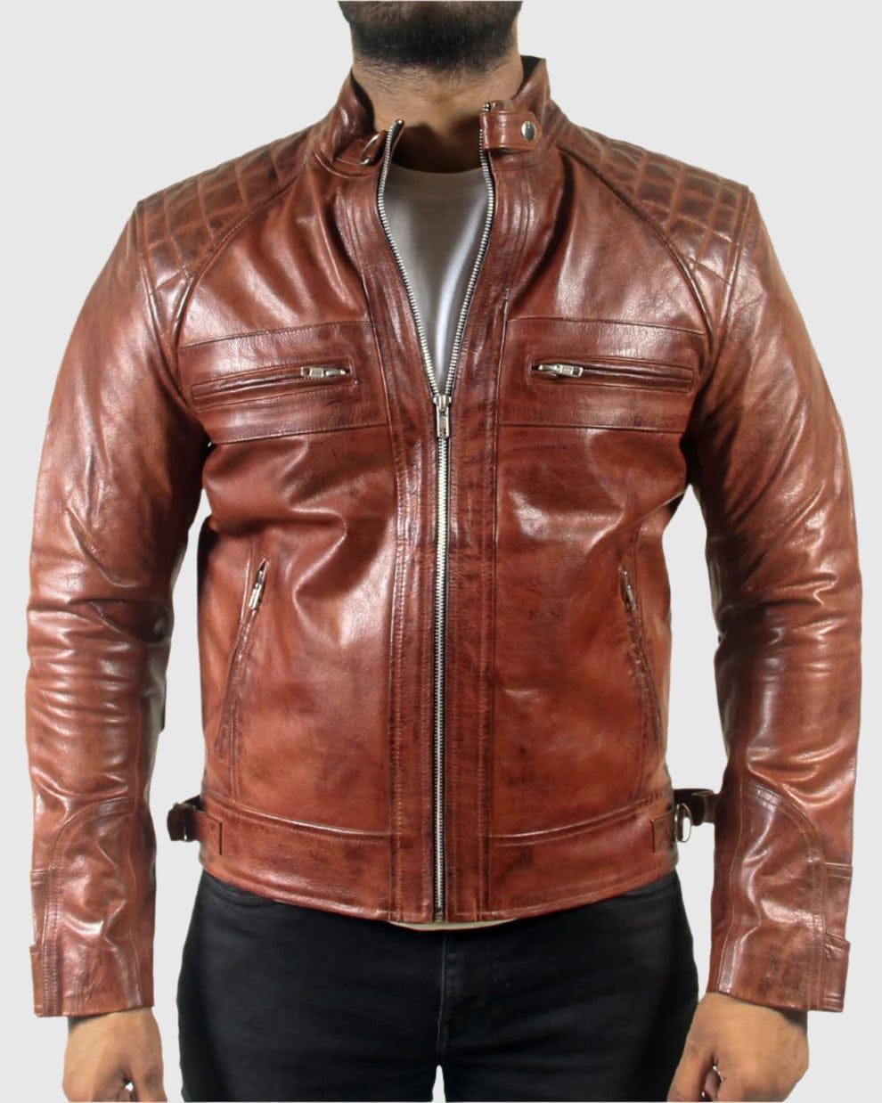 Mens Classic Padded Motorcycle Leather Jacket