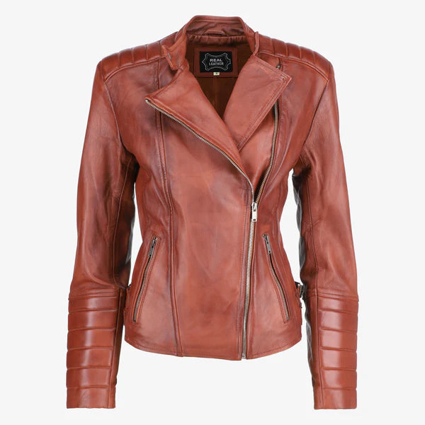 Women Asymmetrical Biker Zip-up Leather Jacket