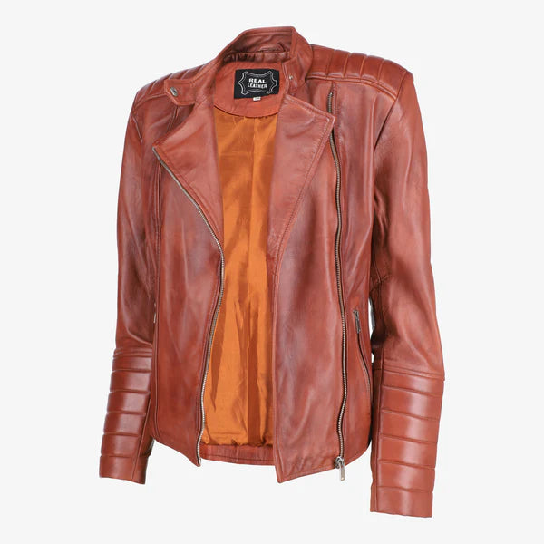 Women Asymmetrical Biker Zip-up Leather Jacket