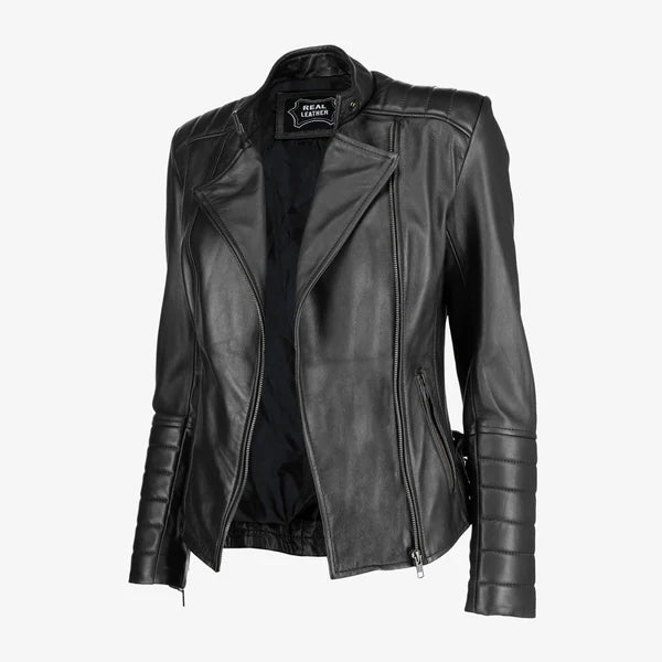 Women Asymmetrical Biker Zip-up Leather Jacket