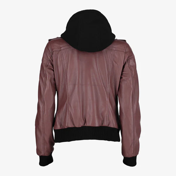 Women Removable Hood Leather Jacket