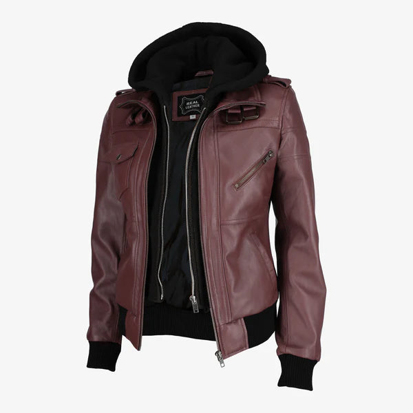 Mens Removable Hood Black Leather Jacket