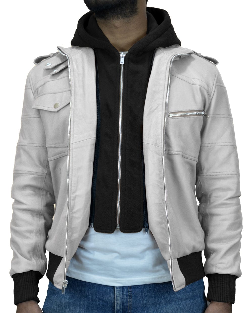 Mens Removable Hood Black Leather Jacket