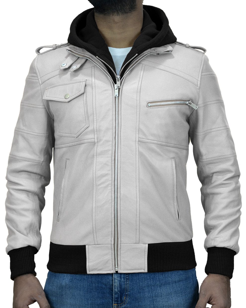 Mens Removable Hood Black Leather Jacket