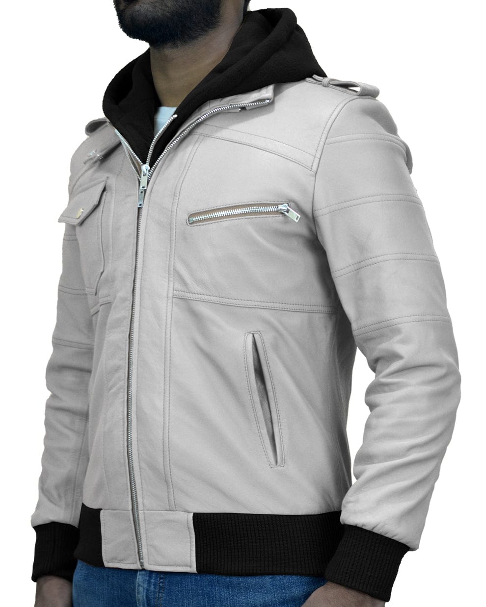 Mens Removable Hood Black Leather Jacket