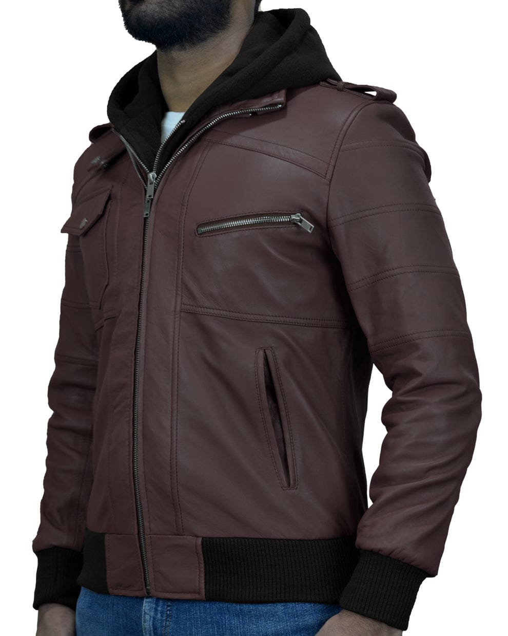 Mens Removable Hood Black Leather Jacket