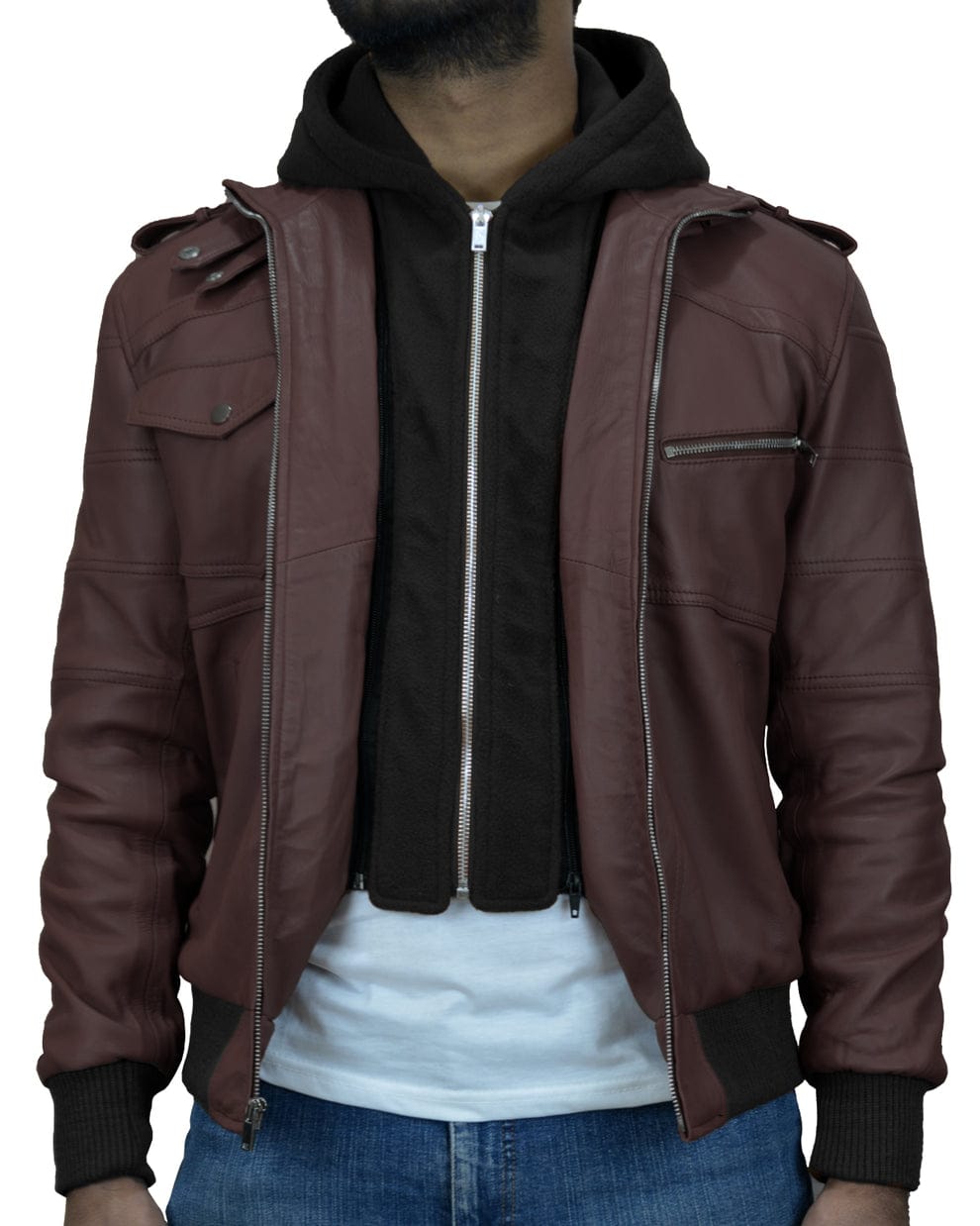 Mens Removable Hood Black Leather Jacket