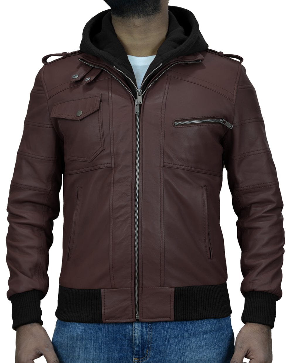 Mens Removable Hood Black Leather Jacket