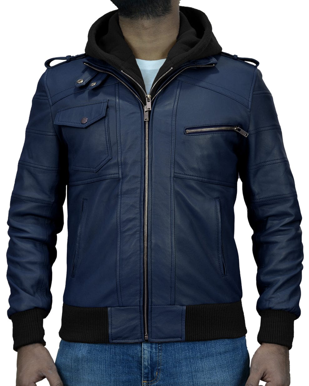 Mens Removable Hood Black Leather Jacket