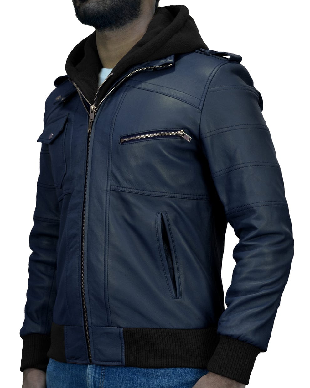 Mens Removable Hood Black Leather Jacket