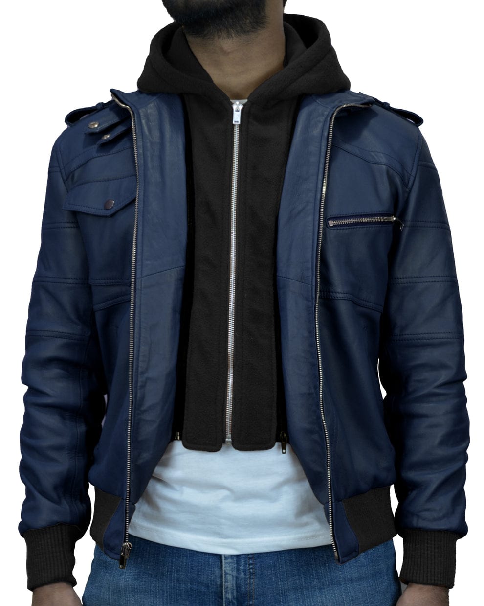 Mens Removable Hood Black Leather Jacket