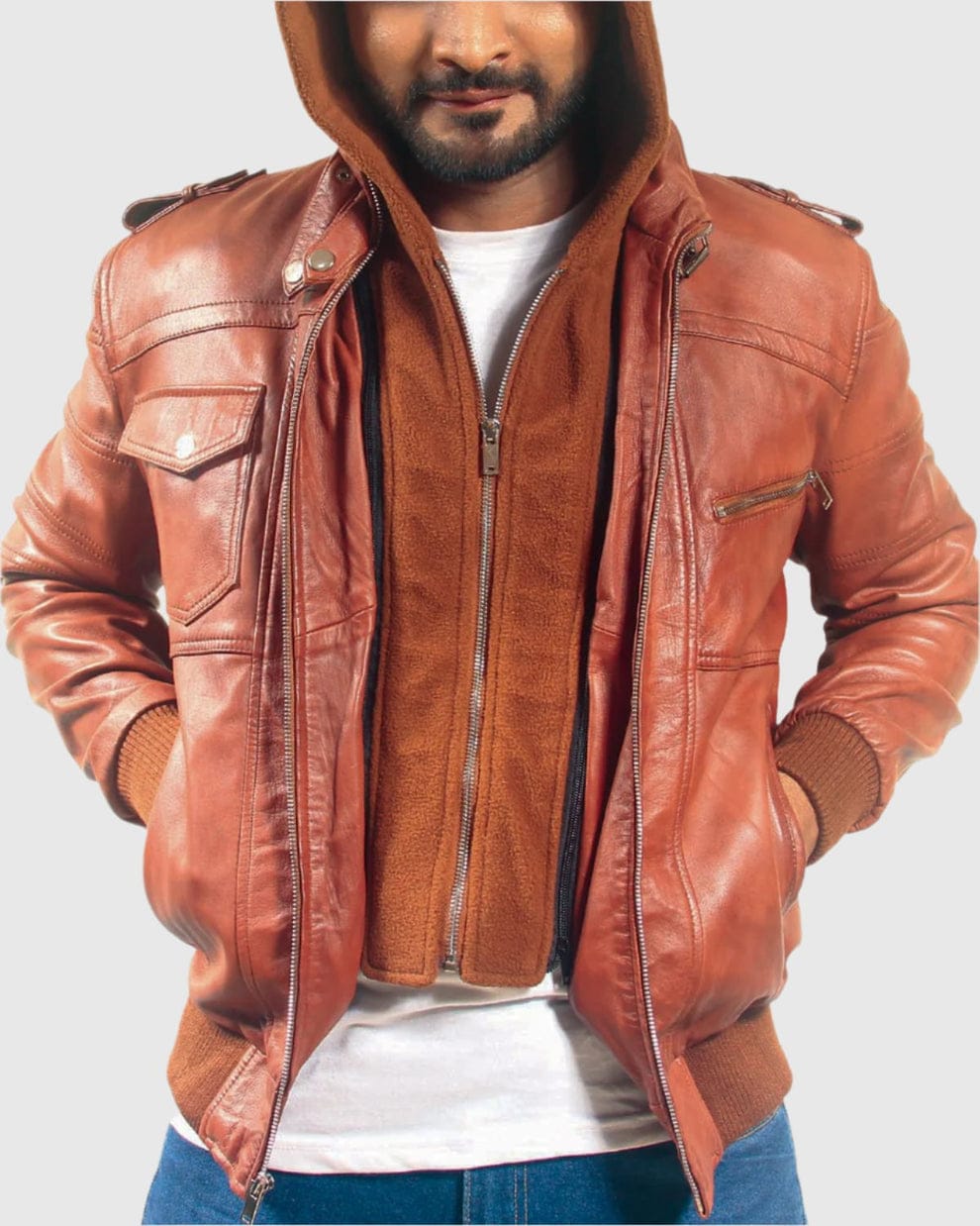 Mens Removable Hood Black Leather Jacket (Copy)