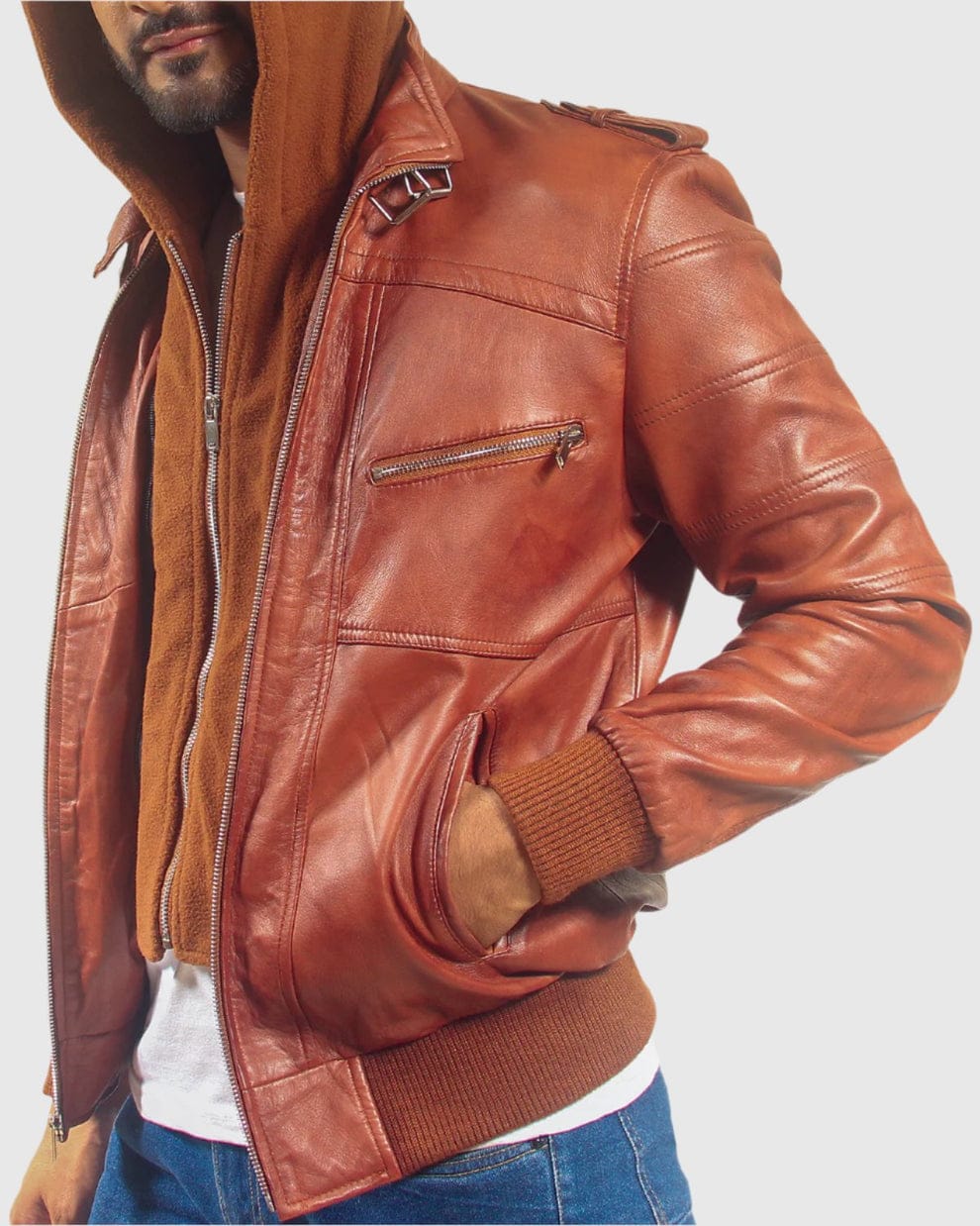 Mens Removable Hood Black Leather Jacket (Copy)