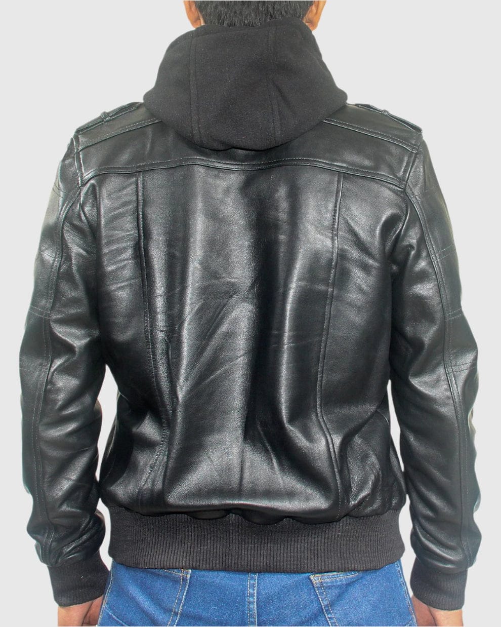 Mens Removable Hood Black Leather Jacket